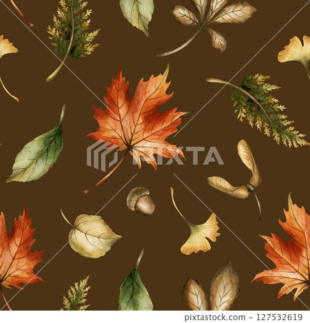 Autumn forest leaves, seeds and acorns. Watercolor hand painted floral seamless pattern on dark brown background for fall forest design, cozy prints, cute home textile, wrapping paper wallpaper fabric 127532619
