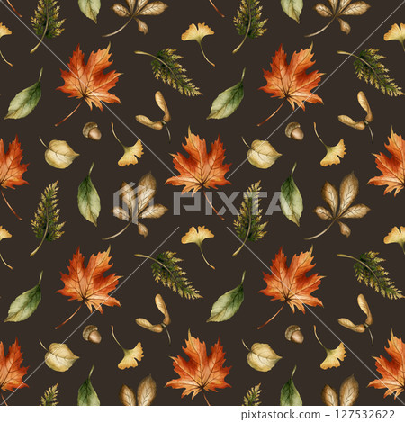 Autumn forest leaves, seeds and acorns. Watercolor hand painted floral seamless pattern on dark background for fall forest design, cozy prints, cute home textile, wrapping paper, wallpaper, fabric Autumn forest leaves, seeds and acorns. Watercolor hand painted floral seamless pattern on dark background for fall forest design, cozy prints, cute home textile, wrapping paper, wallpaper, fabric 127532622