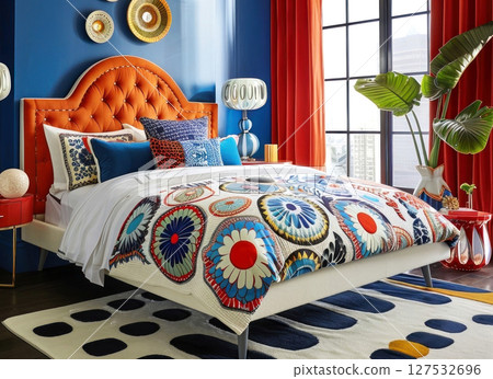 Vibrant and cozy bedroom with colorful patterns, crisp linens, and stylish accent pillows, creating an inviting and modern aesthetic. 127532696