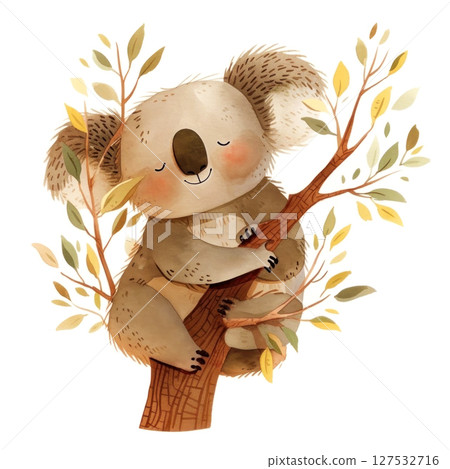 Adorable koala embracing a tree, radiating warmth and charm with watercolor-like softness 127532716