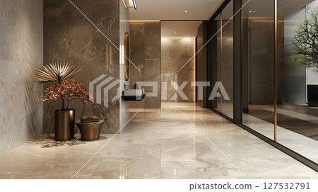 Experience modern elegance with this stunning interior featuring marble accents, artistic decor, and sleek lines 127532791