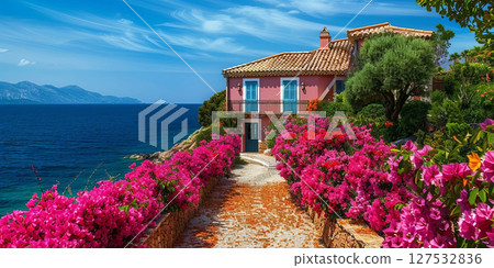 Oceanfront villa adorned with vibrant pink blooms, nestled by the sparkling blue sea 127532836