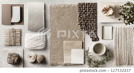 Neutral tones and textures come together in this elegant layout of fabrics and materials 127532837