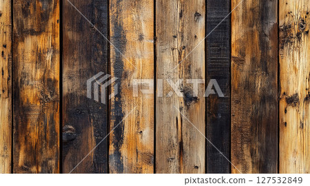 Weathered wood panels create depth and texture with rustic charm. Perfect for backgrounds and design projects, this image captures the allure of natural materials.  127532849