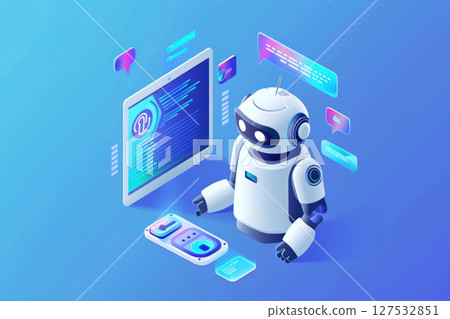 A friendly robot interacts with digital interfaces and futuristic communication elements in a blue environment 127532851