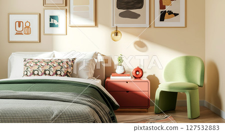 Cozy interior with modern art and vibrant colors, blending comfort and style seamlessly 127532883