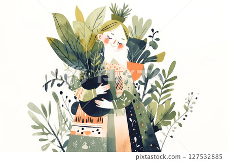 Embrace the tranquility of nature with this whimsical illustration of a character surrounded by lush greenery 127532885