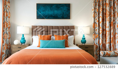 Cozy bedroom with vibrant orange and teal accents, creating a perfect blend of comfort and style 127532889