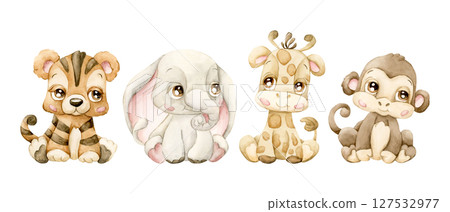 Cute Tiger Elephant Giraffe Monkey. Tropical African Safari animals. Adorable wildlife. Watercolor hand painted illustration isolated on white background for jungle design kids nursery baby shower Cute Tiger Elephant Giraffe Monkey. Tropical African Safari animals. Adorable wildlife. Watercolor hand painted illustration isolated on white background for jungle design kids nursery baby shower 127532977