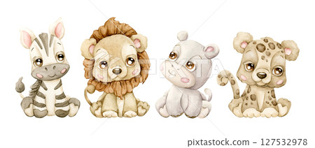 Cute Zebra Lion Hippo Leopard Tropical Exotic African animals Adorable wildlife. Watercolor hand painted illustration isolated on white background for safari jungle design kids nursery baby shower Cute Zebra Lion Hippo Leopard Tropical Exotic African animals Adorable wildlife. Watercolor hand painted illustration isolated on white background for safari jungle design kids nursery baby shower 127532978