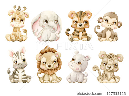 Cute Tropical Safari animals Clipart Set Adorable African wildlife Giraffe Elephant Hippo Watercolor hand painted illustration isolated on white background for jungle design kids nursery baby shower. Cute Tropical Safari animals Clipart Set Adorable African wildlife Giraffe Elephant Hippo Watercolor hand painted illustration isolated on white background for jungle design kids nursery baby shower. 127533113