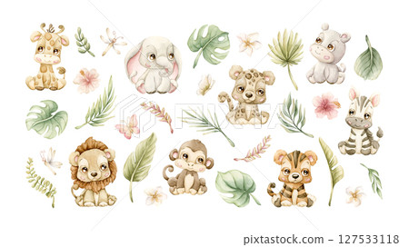 Cute Tropical Animals Plants Flowers Insects Clipart Set Exotic African jungle wildlife Watercolor hand painted summer floral isolated illustration on white background Cute kids nursery baby shower Cute Tropical Animals Plants Flowers Insects Clipart Set Exotic African jungle wildlife Watercolor hand painted summer floral isolated illustration on white background Cute kids nursery baby shower 127533118