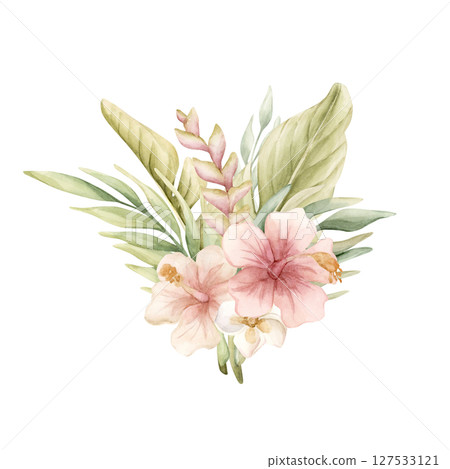 Tropical Hibiscus Heliconia Palm Leaves. Exotic African jungle pink flowers plants. Watercolor hand painted summer floral isolated illustration on white background cute kids nursery design poster baby 127533121