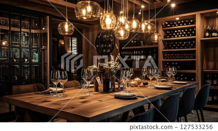 elegant dining room with a wooden table and hanging lights. 127533256