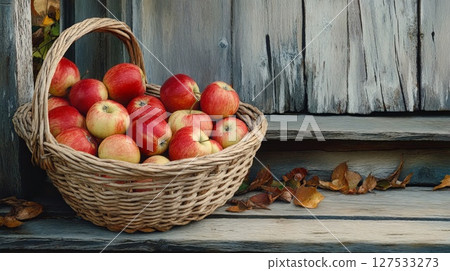 basket of apples on porch, rustic scene. 127533273