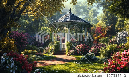 A beautiful garden gazebo surrounded by flowers and greenery. 127533340