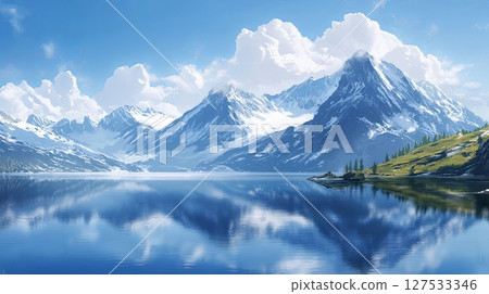 serene mountain lake reflecting the peaks and blue sky. 127533346