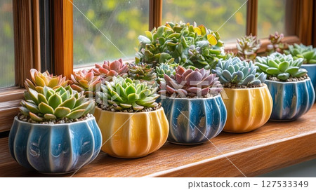 Succulents in ceramic pots arranged on warm windowsill. Succulents in ceramic pots arranged on warm windowsill. 127533349