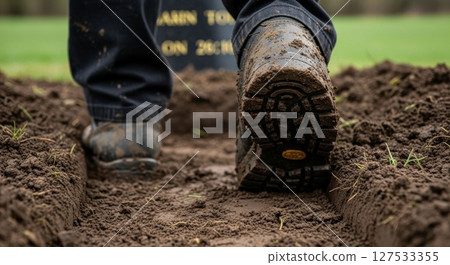 Muddy Work Boots Stepping on Freshly Dug Soil with Visible Tread Pattern Muddy Work Boots Stepping on Freshly Dug Soil with Visible Tread Pattern 127533355
