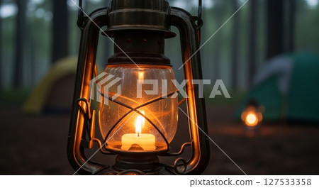 Vintage Lantern Glowing in Misty Forest Campsite at Dusk 127533358