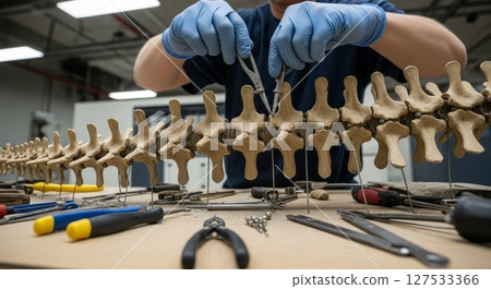 Forensic Anthropologist Examining Vertebrae Skeletal Specimens in Laboratory Forensic Anthropologist Examining Vertebrae Skeletal Specimens in Laboratory 127533366