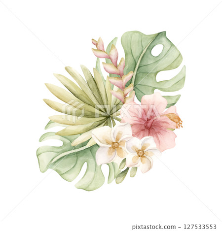 Tropical Hibiscus Plumeria Heliconia Monstera leaves. Exotic African jungle pink flowers plants. Watercolor hand painted summer floral isolated illustration on white background cute kids nursery baby Tropical Hibiscus Plumeria Heliconia Monstera leaves. Exotic African jungle pink flowers plants. Watercolor hand painted summer floral isolated illustration on white background cute kids nursery baby 127533553