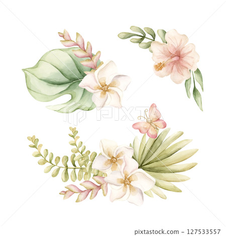 Tropical Hibiscus Plumeria Monstera Palm leaves arrangements set. Exotic African jungle flowers plants Watercolor hand painted summer floral isolated illustration on white background cute nursery baby 127533557