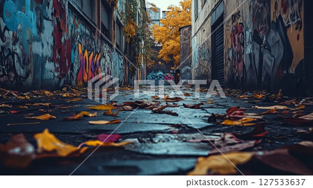 Empty alleyway with graffiti and scattered leaves on the ground. 127533637