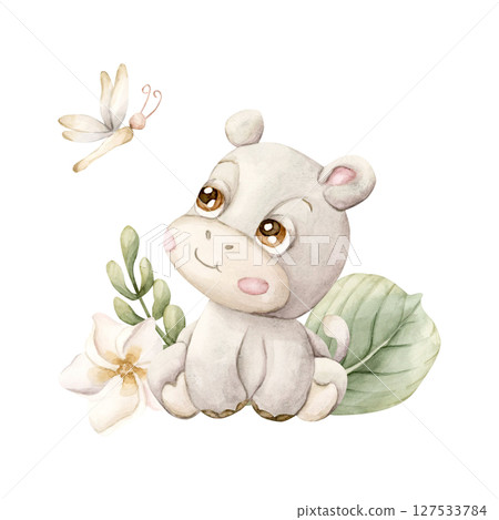 Cute Hippo with Tropical Leaves Flower Dragonfly Safari African animal Watercolor hand painted illustration isolated on white background for exotic jungle design kids nursery wall stickers baby shower Cute Hippo with Tropical Leaves Flower Dragonfly Safari African animal Watercolor hand painted illustration isolated on white background for exotic jungle design kids nursery wall stickers baby shower 127533784