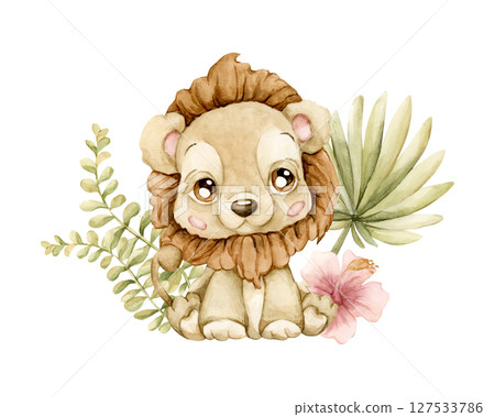 Cute Lion with Tropical Leaves Flower Safari African animal. Watercolor hand painted illustration isolated on white background for exotic jungle design kids nursery wall stickers baby shower textile 127533786