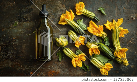 Zucchini blossoms arranged beside olive oil bottle . 127533802
