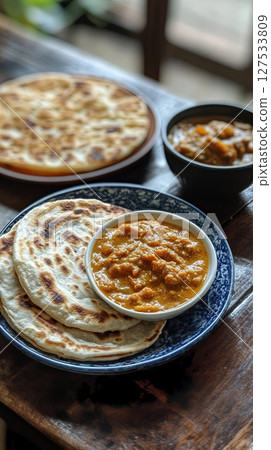 Malaysian roti canai with dhal curry. 127533809