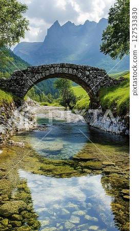 Ancient stone bridge over a clear mountain stream. 127533830