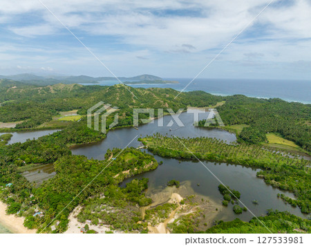 Agmanic Lake and mountain with coconut trees in Santa Fe, Tablas, Romblon. Philippines. 127533981