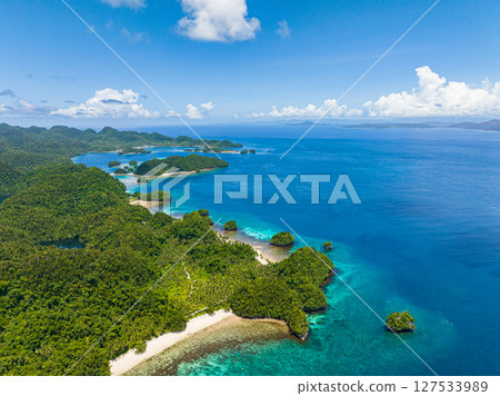 Coastline with white sand beach. Blue sea under blue skies. Seascape. Bucas Grande Island. Mindanao, Philippines. 127533989