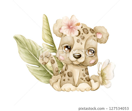 Cute Leopard with Tropical Leaves Flower Butterfly Safari African animal. Watercolor hand painted illustration isolated on white background exotic jungle design kids nursery wall stickers baby shower 127534053