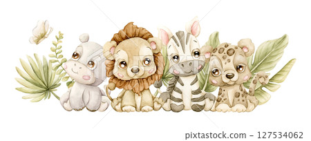 Cute Zebra Lion Hippo Leopard Tropical Leaves Exotic African animals Adorable wildlife. Watercolor hand painted illustration isolated on white background safari jungle design kids nursery baby shower 127534062