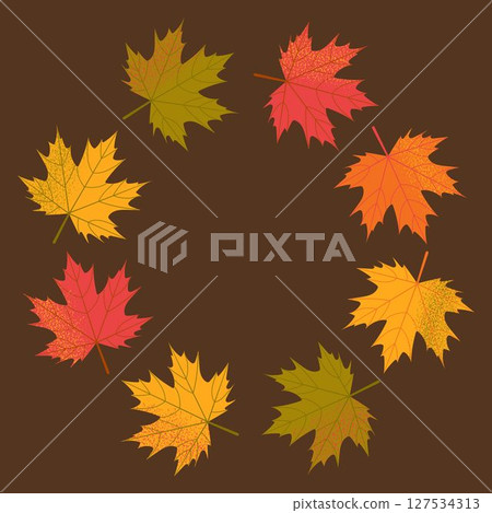 Vector autumn maple leaves arranged in a circle on a dark background with empty space for text. Round frame. Vector autumn maple leaves arranged in a circle on a dark background with empty space for text. Round frame. 127534313