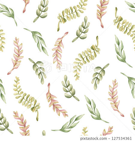 Leaf Branches Heliconia Little twigs Tropical Exotic plants Watercolor hand painted summer pastel neutral seamless pattern on white background for nursery kids baby cloth textile fabric wrapping paper 127534361