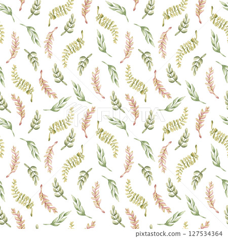 Leaf Branches Heliconia Little twigs Tropical Exotic plants Watercolor hand painted summer pastel neutral seamless pattern on white background for nursery kids baby cloth textile fabric wrapping paper Leaf Branches Heliconia Little twigs Tropical Exotic plants Watercolor hand painted summer pastel neutral seamless pattern on white background for nursery kids baby cloth textile fabric wrapping paper 127534364