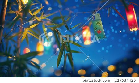 Paper strips and lights swaying under the starry sky 127534429