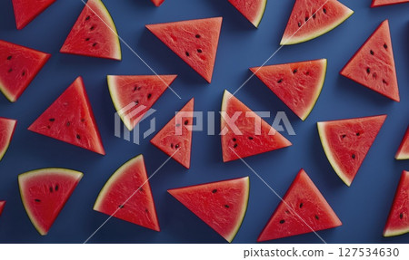 Watermelon triangle slices flat lay with seeds and vibrant texture on blue background, copy space 127534630