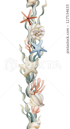 Sea Shells Starfish Seaweeds. Watercolor hand painted summer seamless border on white background. Cute pastel neutral underwater ocean marine life for kids baby nursery textile fabric, wrapping paper 127534635
