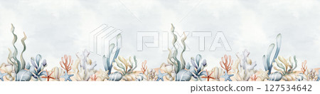 Seaweeds Sea Coral Sponge Starfish Shell on sand. Watercolor hand painted summer seamless border on blue background Cute pastel neutral underwater for kids baby nursery textile fabric, wrapping paper 127534642