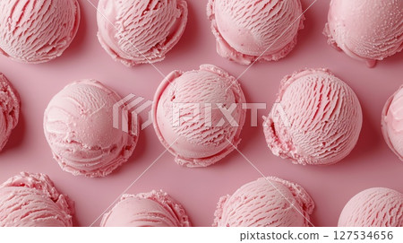 Pink strawberry ice cream scoops, food pattern, copy space 127534656