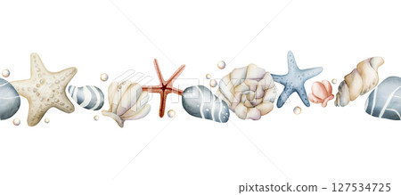 Sea Starfish Shell Pebble Pearls. Ocean underwater marine life. Watercolor hand painted summer seamless border on white background Cute pastel for kids baby nursery textile fabric, wrapping paper 127534725