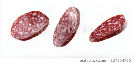 Salami sausage slices isolated on white background with clipping path 127534730