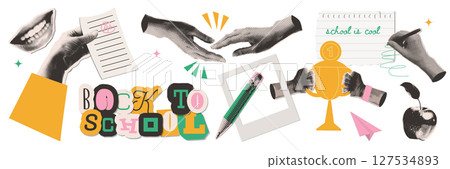 Funny back to school collage elements set. Dotted Halftone hands holding school supplies and stationery. Modern retro vector illustration 127534893