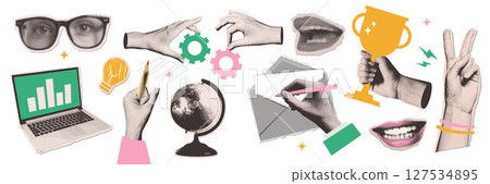 Big set with collage paper stickers for back to school or education theme. The halftone hand and study elements - laptop, globe, winner s cup. Vector dotted illustration Big set with collage paper stickers for back to school or education theme. The halftone hand and study elements - laptop, globe, winner s cup. Vector dotted illustration 127534895
