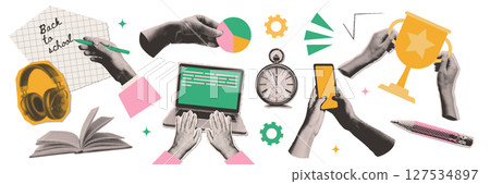 Big set of cutout paper elements halftone collage on the theme of education and back to school. Torn out stickers of Stationery, book, laptop, hands holding winner s cup and phone, headphones. Vector 127534897